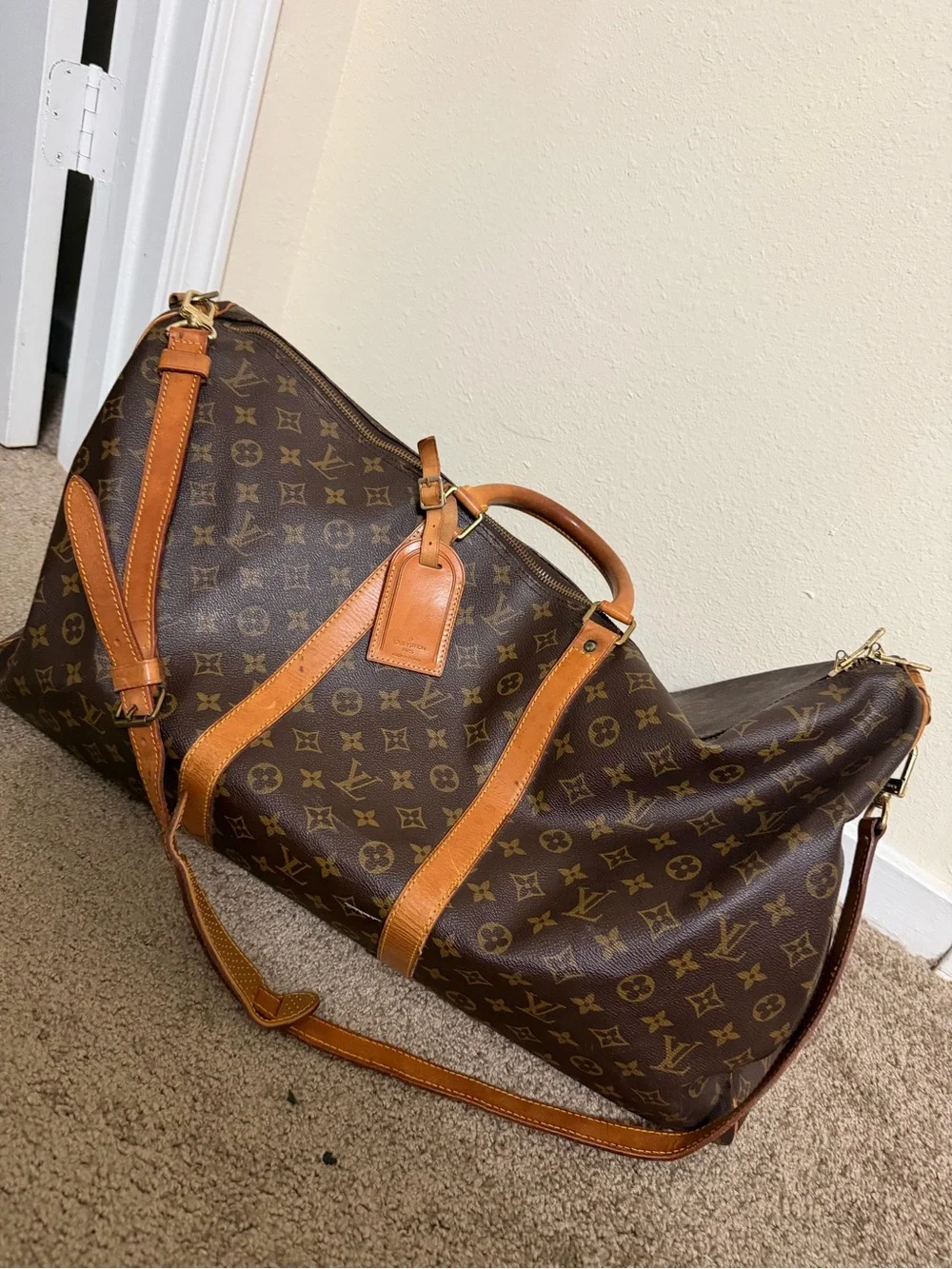 Louis Vuitton Brown Monogram Canvas Travel Duffel with Tan Leather Trim